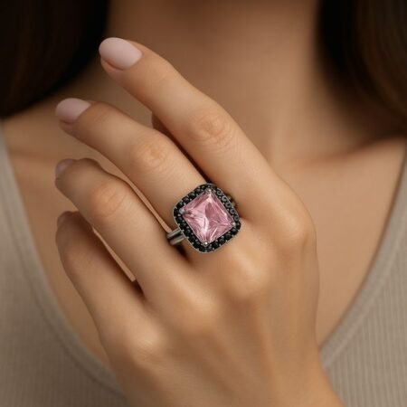 Blush Radiance Ring – Soft pink gemstone ring with a delicate rose gold band