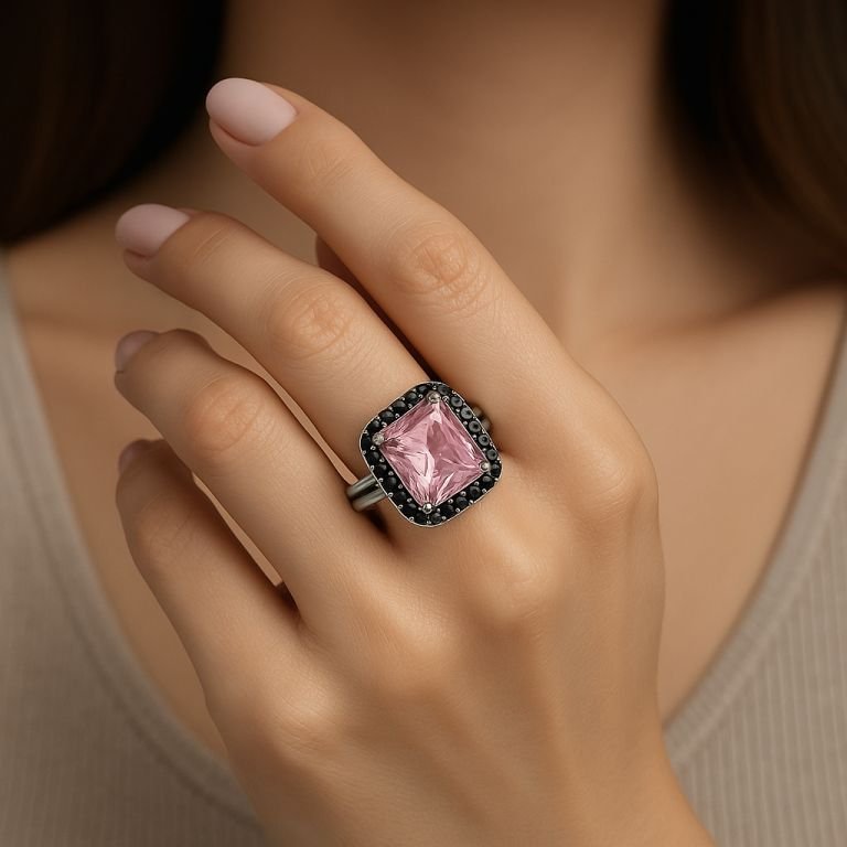 Blush Radiance Ring – Soft pink gemstone ring with a delicate rose gold band