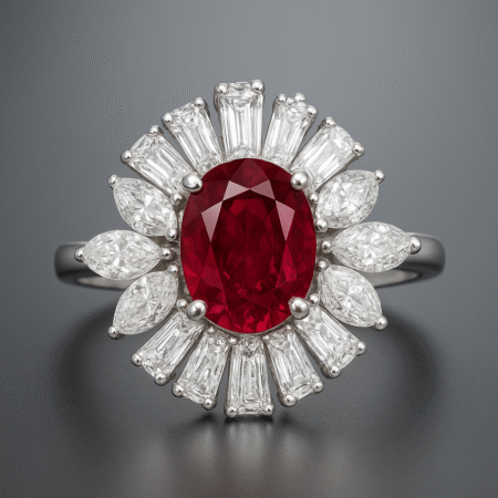 Oval Ruby Sunburst Halo Ring