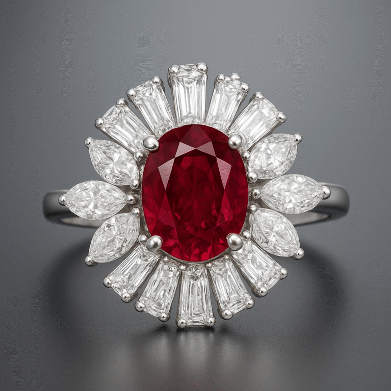 Oval Ruby Sunburst Halo Ring