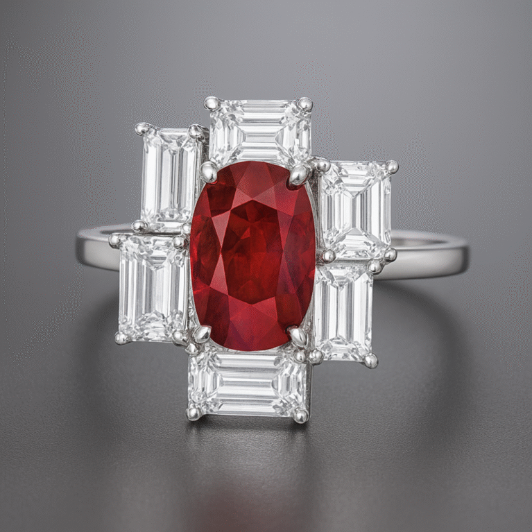 Oval Ruby Deco Step Halo Ring