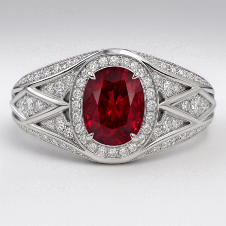 Oval Ruby Halo Lattice Ring