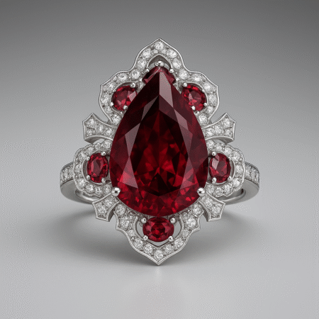 Pear-Shaped Ruby Baroque Halo Ring