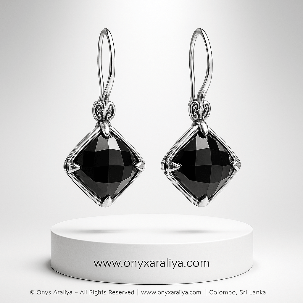 Cushion-Cut Black Onyx Silver Drop Earrings