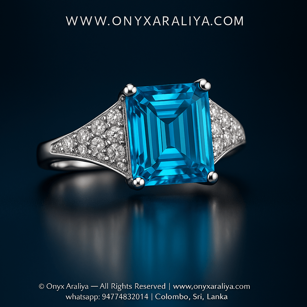 Emerald-Cut Blue Tapered Pavé Ring