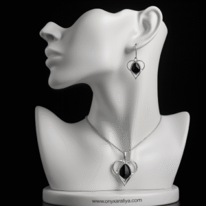 Black Onyx Heart-Duet Pendant & Earrings Set