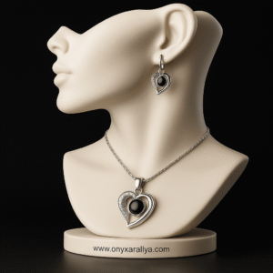 Black Onyx Double-Heart Pendant & Earrings