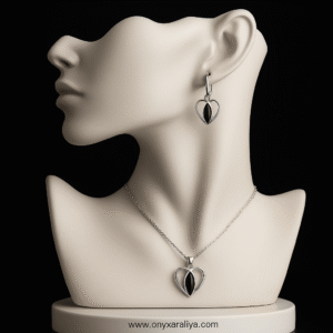 Black Onyx Heart Duo Set – 925 Silver (Pendant & Earrings)