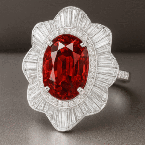 Oval Ruby Sunray Baguette Halo Ring