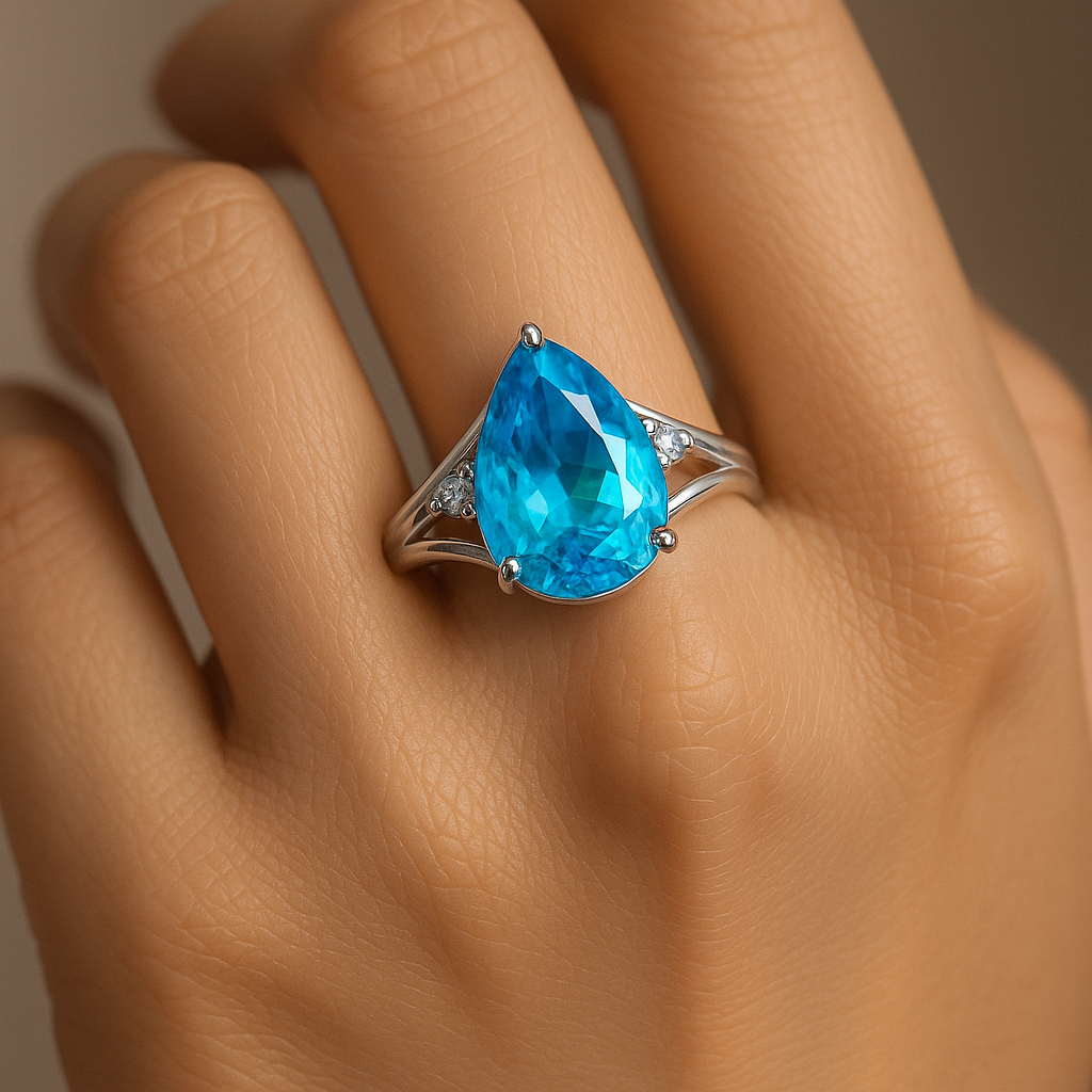 Pear-Cut Blue Solitaire Split-Shank Ring - Image 2