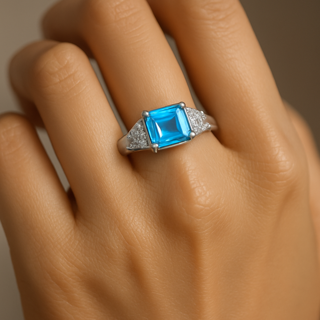 Emerald-Cut Blue Tapered Pavé Ring - Image 2