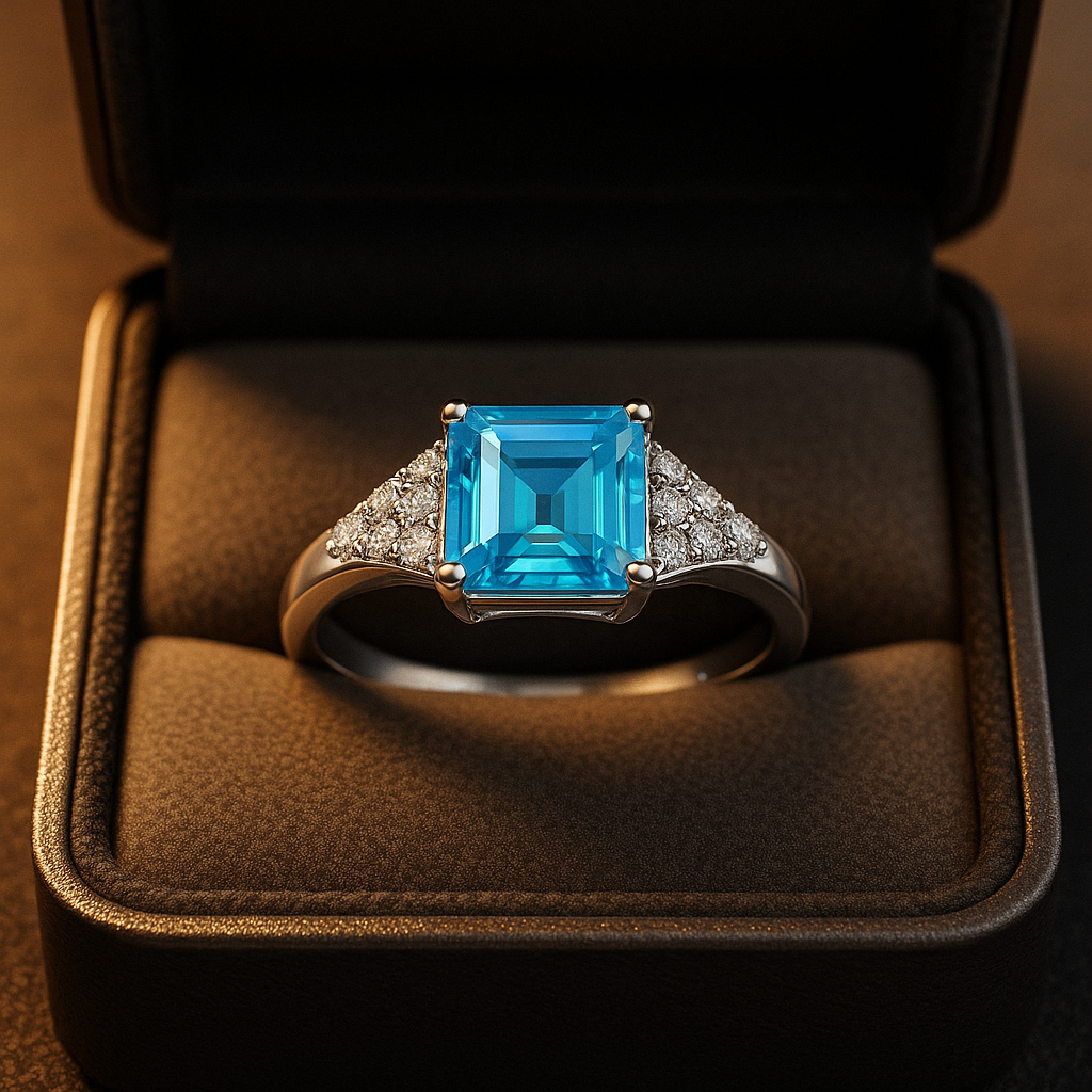 Emerald-Cut Blue Tapered Pavé Ring - Image 3