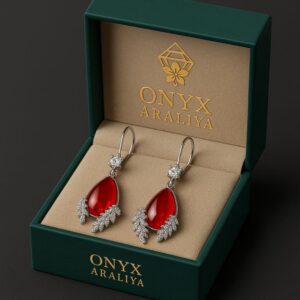 Crimson Twilight Drops – Deep red gemstone earrings with a soft golden setting.