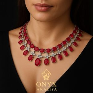 Garnet Flame Choker – Dark red garnet centerpiece with a bold modern twist