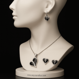 Black Onyx Heart Pendant & Earrings Set